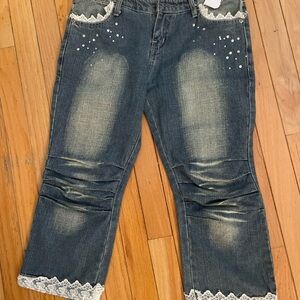 Stylish distressed lace and studs  denim jean capris / unique designer style -